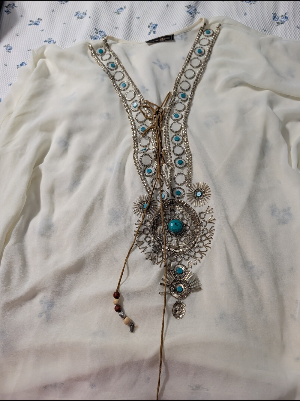 My Story Silver-Tone Swim Cover Up with Turquoise Accents and Leather Cord